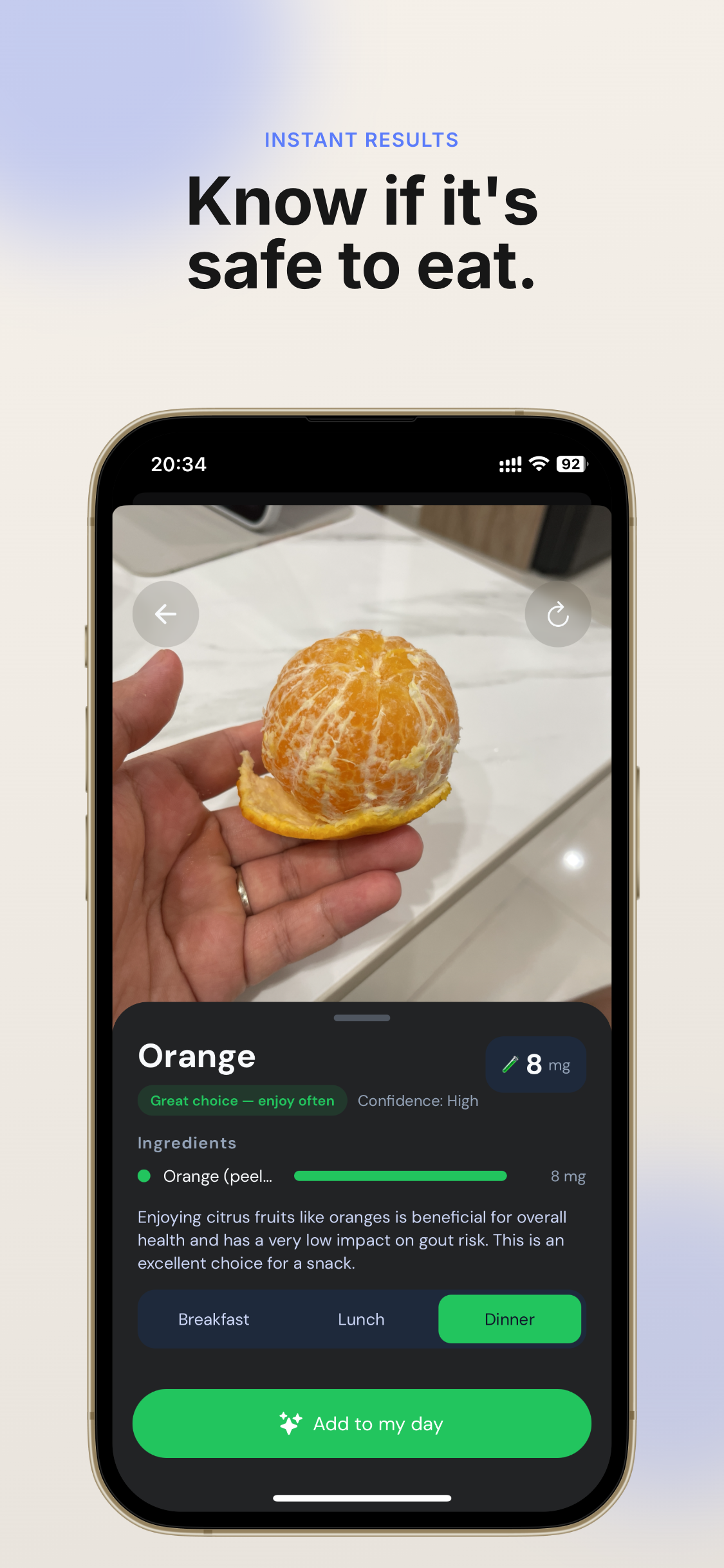 PurinCare food result for an orange showing 8 mg purine and a low-risk verdict
