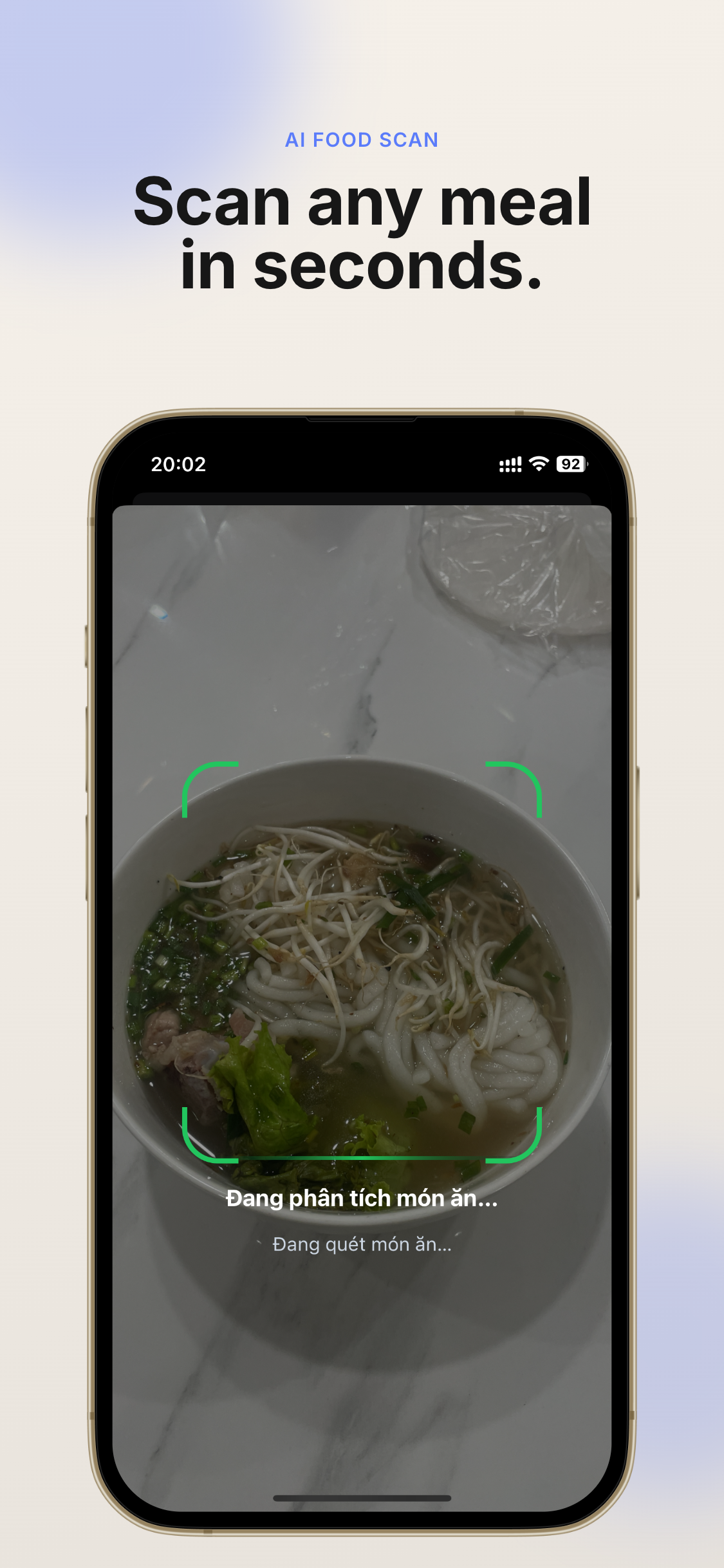 PurinCare scanning a bowl of pho with on-screen analysis